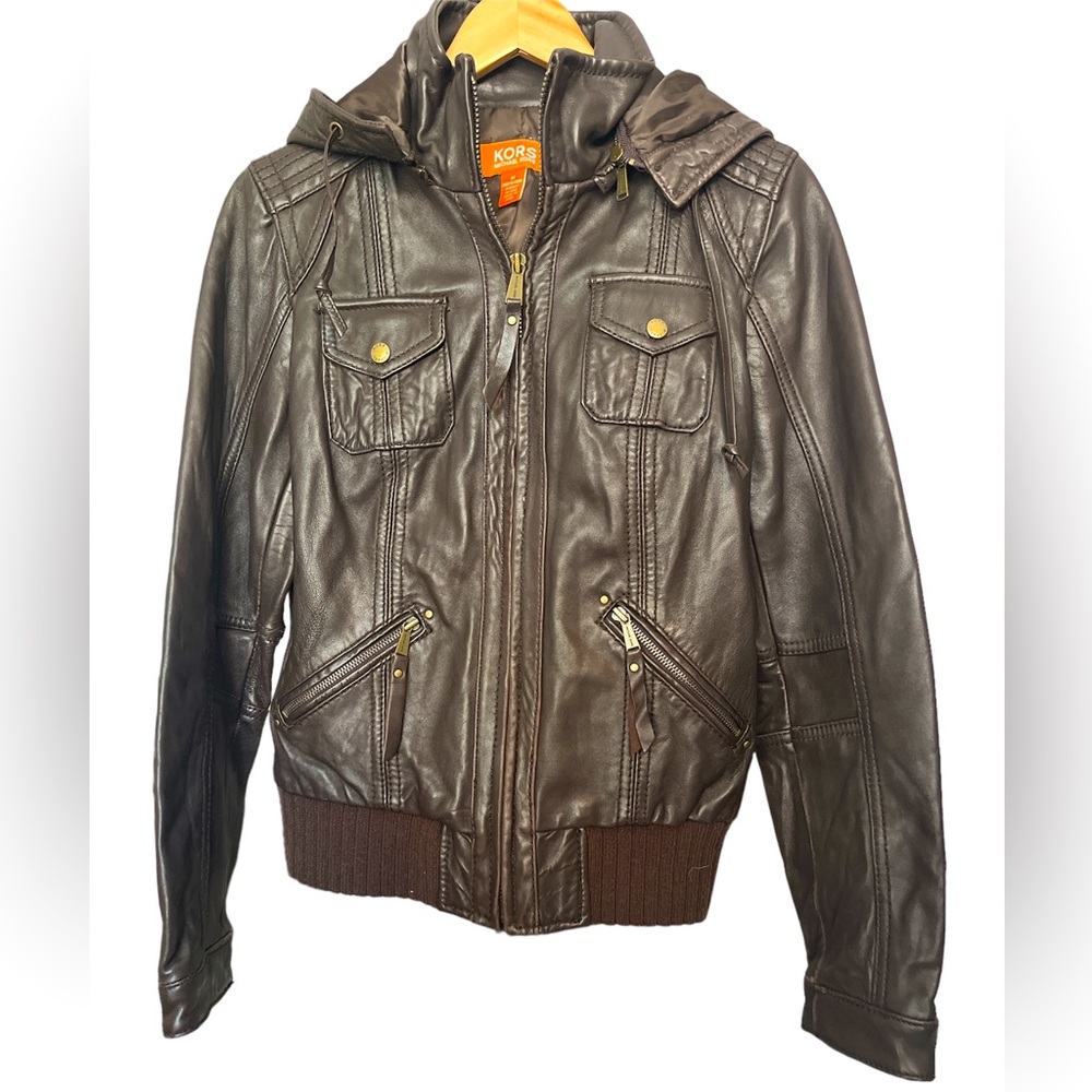 KORS Michael Kors leather bomber w removable hood!!